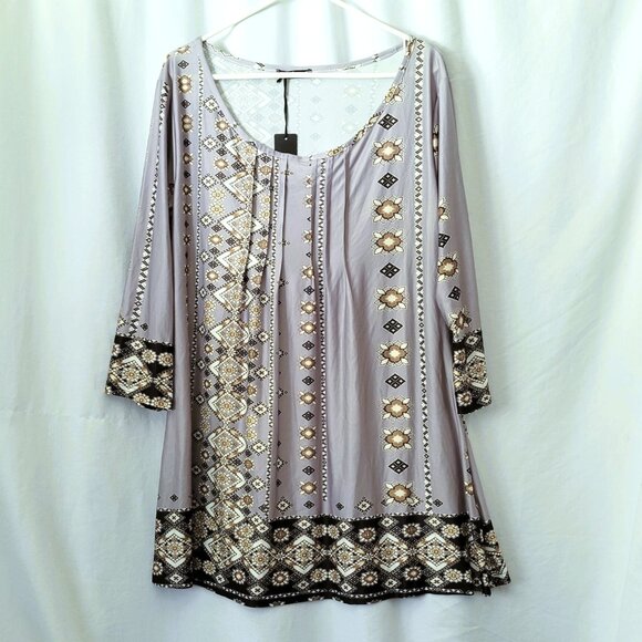 Lily by Firmiana Tunic Womens XL Scarf Print Pleated Swing Style Gray Black Tan - Picture 1 of 12